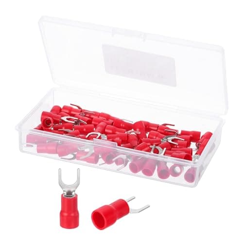 Image of sourcing map Insulated Fork Spade Connectors, 12-10AWG SV5.5-6 U-Type Tinned Copper Waterproof Fork Crimp terminals Connectors for Industrial Electrical Marine Wiring, Pack of 50 (Red)