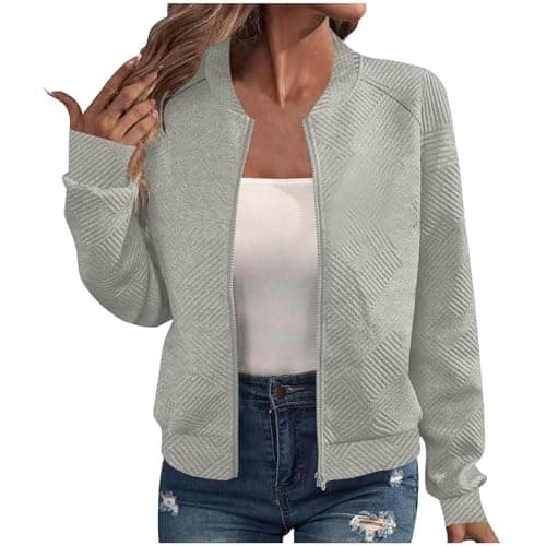 Image of Autumn Coats For Women, Bomber Jacket Women UK Oversized Textured Lightweight Zip Up Jackets Casual Stand Collar Full Zipper Coats Ladies Autumn Baseball Outerwear Top Gray