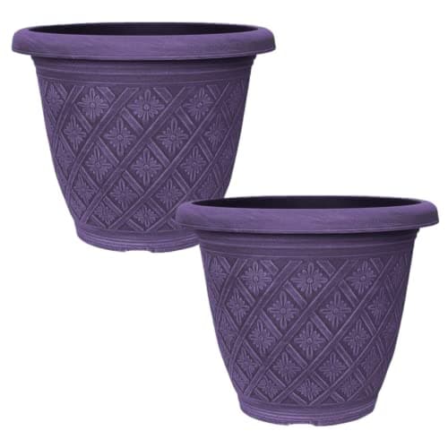 Image of Fyne-Finds Set of 2 Round 40cm, 16inch Garden Plastic Plant Pot Weatherproof Woven Flower Outdoor Drainage Hole Deco Planter (Purple)