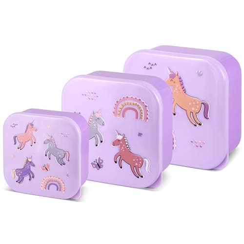 Image of TINY TO TOTS BABY TO TODDLER Nesting Snack Pots for Kids, Purple Unicorn Snack Boxes Pack of 3 Microwave Safe BPA Free, Perfect for Snacks On The Move, Food Storage Containers (Unicorn Nested Boxes)