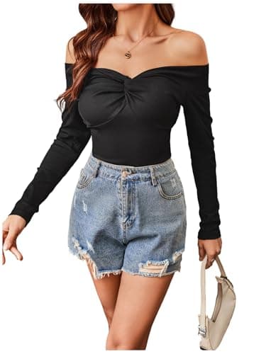 Image of GORGLITTER Women's Off Shoulder Twist Front Top T Shirt Rib Knit Short Sleeve V Neck Skinny Sexy Tee Cinched Tops Solid Black Medium