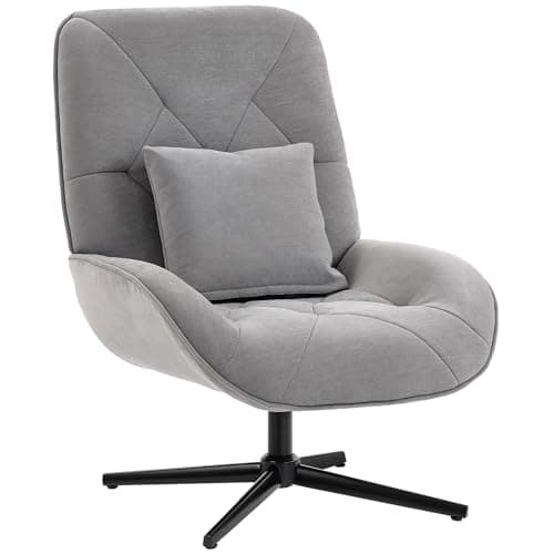 Image of HOMCOM Swivel Accent Chair, Chenille Upholstered Armchair with Lumbar Pillow, High Back, Deep Seat and Metal Legs, Reading Lounge Chair for Living Room, Bedroom, Light Grey