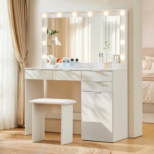 Image of TUKAILAi White Large Dressing Table Set with Hollywood 12 LED Lights Mirror and Cushioned Stool, Vanity Desk Set Makeup Table with 4 Drawers and Storage Unit Dresser for Bedroom Girls Women