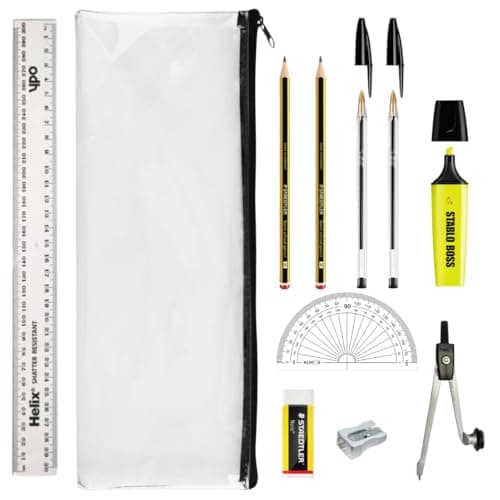 Image of Alimos GCSE Complete Exam Stationery Bundle Set Bundled With Bic Pens, Geometry Set & Clear Exam Pencil Case Back To School Kit