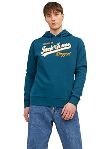 Image of JACK & JONES Mens Blue Hoodie Designer Logo Standard Fit Long Sleeve Sweatshirt for Men, Size- S