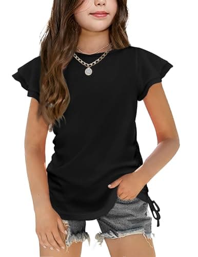 Image of Arshiner Girls T-Shirts Black Short Sleeve Top Kids Summer Top Ruffle Sleeve Casual Round Neck Shirt Children's Clothing with Drawstring 11-12 Years