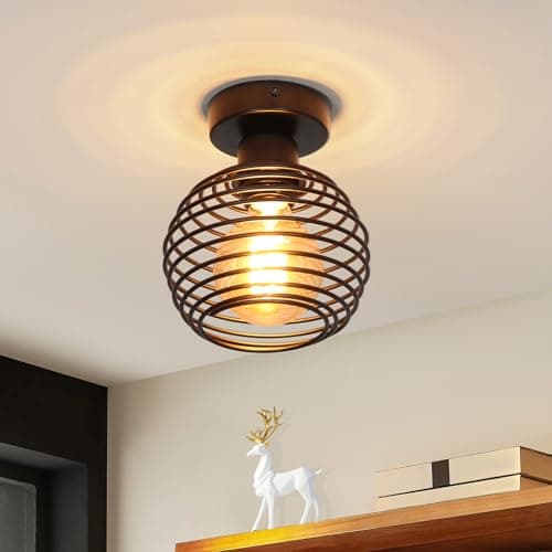 Image of ZMH Hallway Ceiling Light Fitting Black Ceiling Lights - E27 Vintage Semi Flush Mount Industrial Cage Retro Metal Hanging Ceiling Mount Light Fixture - for Kitchen, Bedroom - Without Bulb