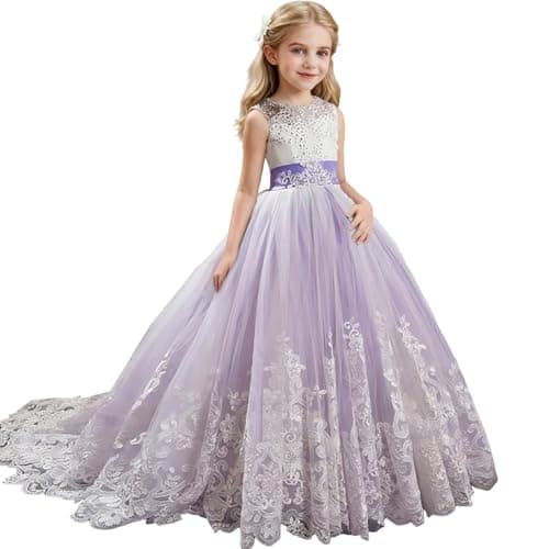 Image of Discoball Girls Princess Dress, Lace Tulle Embroidered Long Tail Dresses, Wedding Prom Bridesmaid Party Dresses for 6-15 Years Girl (Purple)