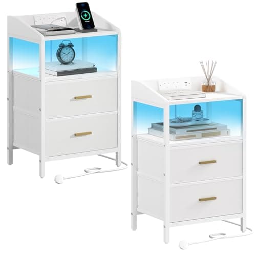Image of Hzuaneri Bedside Tables Set of 2 with LED Lights and Charging Station, Bedside Cabinet with 2 Fabric Storage Drawers, Nightstand with USB Ports & TypeC for Bedroom, Livingroom, White NS36213W