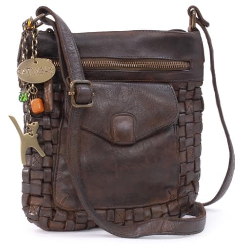Image of Catwalk Collection Handbags - Women's Crossbody Bag - Small Shoulder Bag - Washed Vintage Leather - Adjustable Strap - Simona - Brown