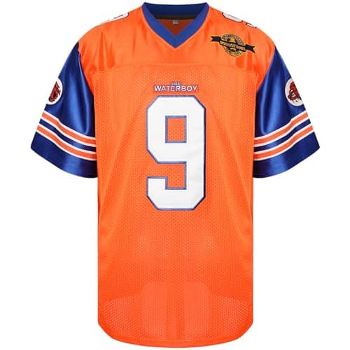 Image of Phoneutrix Bobby Boucher #9 The Waterboy Adam Sandler Movie Mud Dogs Bourbon Bowl Football Jersey, Orange-blue, XL