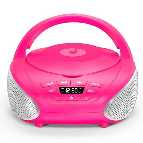 Image of Gueray Portable CD Player Boombox Compact CD Boombox with Stereo Speakers FM Radio 3.5mm AUX Input and Headphone Jack LCD Display for Indoors, Outdoors, Travel & Audiobooks(Pink+Silver)