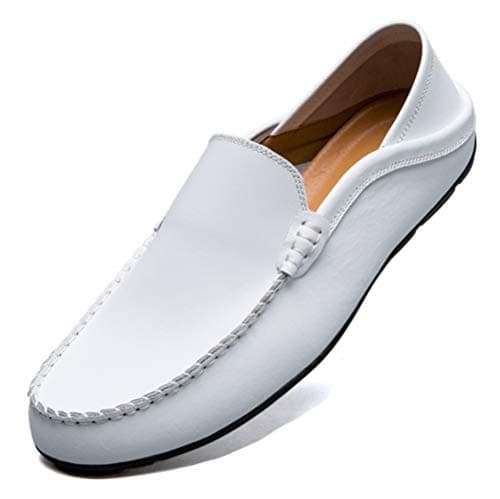Image of Lnafan Men’s Slip On Leather Loafers Moccasins Casual Driving Shoes Flats Slippers White Size 9UK
