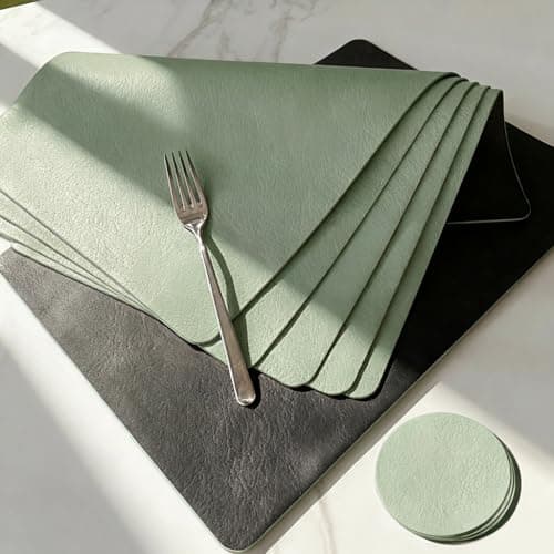 Image of Sage Green Place Mats and Coaster Sets, Faux Leather Effect Place Mats for Table 6, Washable-Waterproof Dinner Table Mats, Dusty Placemats Set of 6 for Dining Table Decoration Mats, Light Green & Grey
