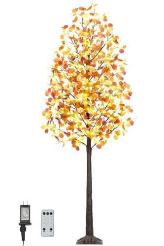 Image of Fall Lighted Eucalyptus Tree - 8FT Light Up Eucalyptus Fall Tree with 210 LED Lights, 21 Branches, 630 Leaves (8FT 210 Lights)