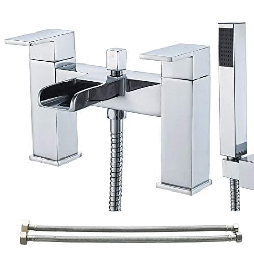 Image of Luckyhome Bath tap with Shower Waterfall Bath Shower Filler Mixer Tub Tap Double Lever Chrome Solid Brass with Handheld Shower Head Faucet