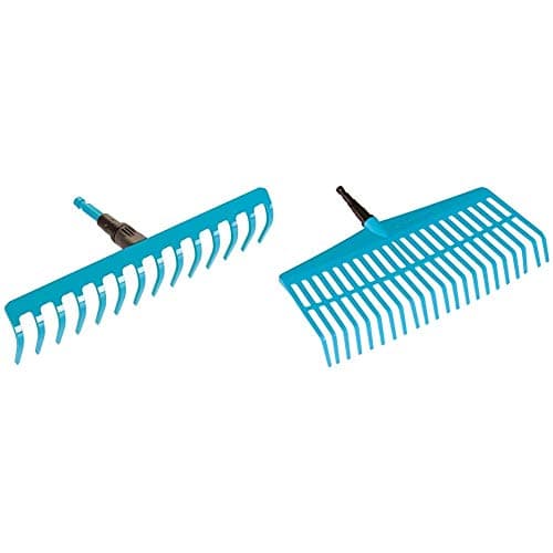 Image of Gardena Combisystem Rake: Practical rake (3178-20) & combisystem Lawn Rake: Convenient tined rake, with robust plastic tines, working width 43 cm, only rake handle not included (3101-20)