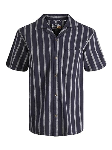Image of JACK & JONES Mens Resort Shirt Button Down Short Sleeve Linen Stripes Casual Top Navy Blazer S