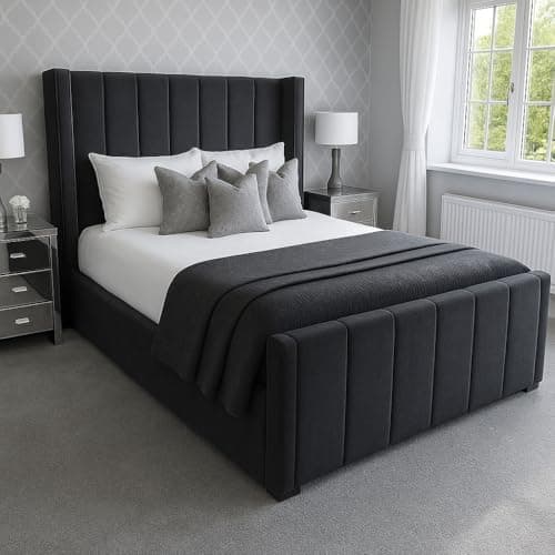 Image of Attock Beds Plush Velvet Wing Panel Bed Frame with Optional Mattress & Ottoman Gas Lift Storage – Luxury Handmade Bed (Black Plush, Small Double 4ft with Mattress)
