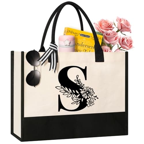 Image of Tecanne Personalized Initial Canvas Tote Bag, Cosmetic Bags, Suitable for Birthday, Wedding, Beach, Holiday, Great Birthday Gifts for Women, Mom, Teachers, Nurses, Best Friends, Bridesmaids (S)