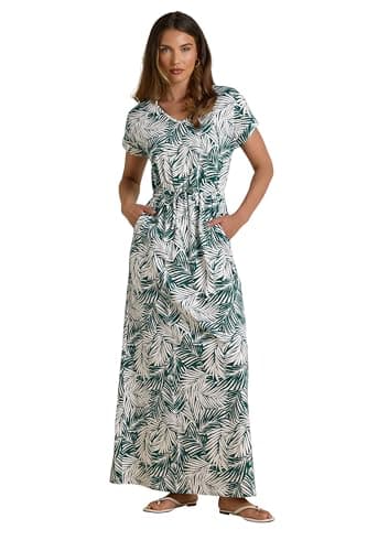 Image of Long Tall Sally - LTS Tall Tropical Palm Print Cotton Drawstring Maxi Dress - Women's Green