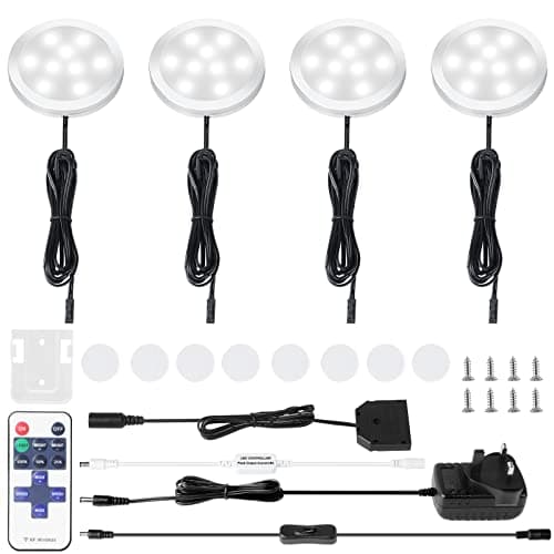 Image of AIBOO LED Under Cabinet Kitchen Lights Wired Plug in with Remote,Dimmable 4 Pack Under Cupboard Kitchen Lights 12V Mains,12W Puck Lights Under for Cupboard Counter Shelf Lights (6000K Daylight White)