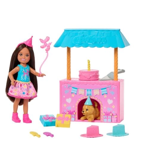 Image of Barbie Family & Friends Club Chelsea Surprise Birthday Party Playset with Chelsea Small Doll (Brunette), Transforming Doghouse & 10+ Accessories, JJB41