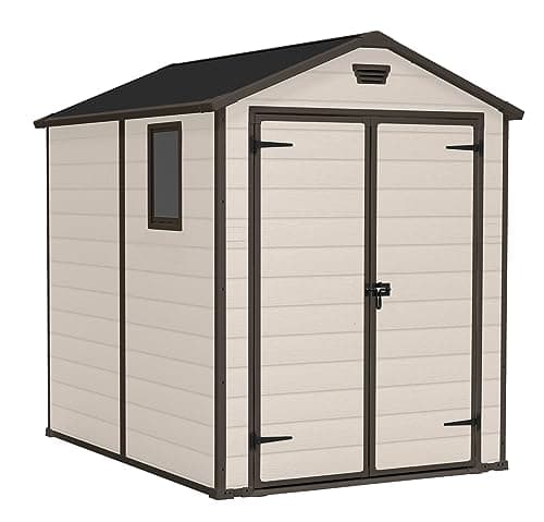 Image of Keter Manor Outdoor Apex Double Door Garden Storage Shed 6 x 8ft Beige Brown Wood effect | Fade Free | All Weather Resistant | Safe and Secure | Zero Maintenance | 15 year Warranty