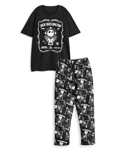 Image of Disney The Nightmare Before Christmas Mens Pyjama Set | Adults Jack Skellington Graphic Short Sleeve Top & Long Leg PJ Bottoms in Black | Spooky Character Print Nightwear | Classic Movie Merchandise