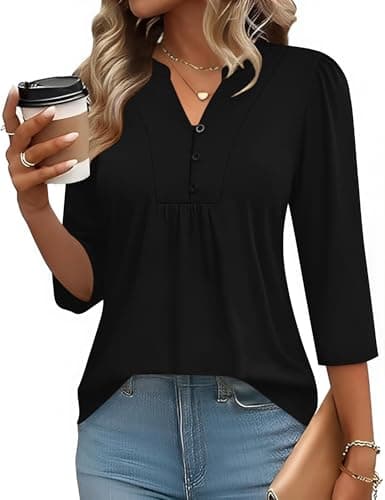 Image of IECCP Womens 3/4 Sleeve Tops Ladies Blouse V Neck Tunic Button Shirts Pleated T Shirts Curved Hem Office Wear Black-M(UK 12-14)