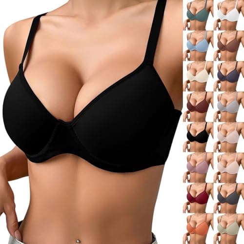 Image of Super Push Up Bra 2 Sizes Bigger Padded Push Up Shockabsorber Sports Bra Sexypadded Support Underwire Bralettes Soft Comfort Full Coverage Adjustable Straps T ShirtPlunge Bra (1-Black, 34B)