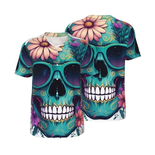 Image of Mens Baseball T-Shirt Skull Floral Accents Print Button Down Jersey Men Mesh Top Sports Shirt Hip Hop Tee 3XL White