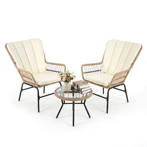 Image of COSTWAY 3 Pieces Patio Rattan Bistro Set, Outdoor PE Wicker Conversation Set with Cushions and Tempered Glass Coffee Table, Outside Chairs Furniture Set for Porch, Balcony, Deck and Garden