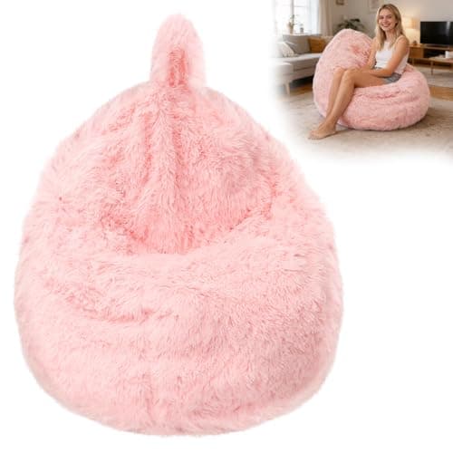 Image of Kids Fluffy Faux Rabbit Fur Bean Bag Chair Cover (No Filler), Soft Fuzzy Stuffed Animal Storage Bean Bag for Plush Toys, Cute Shaggy Furry Beanbag Cover with Handle for Kids Adults(Pink)