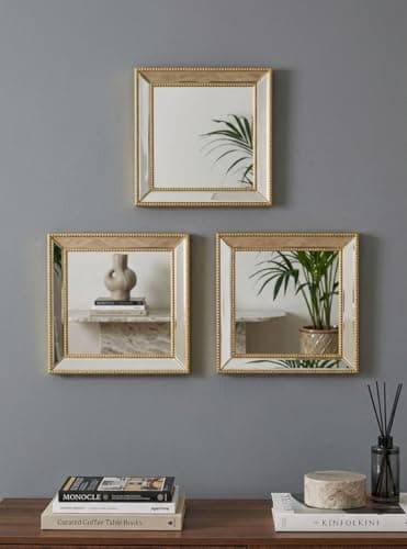 Image of DEENZ Set Of 3 Square Mirror Silver Beaded Angled Bordered Frame Plastic & Clear Glass Metallics Collection Home Decoration Idea Elegant Looks Illusion Of Space Lights Miniature 30 X 2 Cm (GOLD)