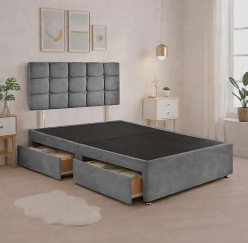 Image of BED TIME UK Serene Grey Plush 5FT King Size Bed with Storage – 20" Cubic Headboard & 2 Drawer Divan Base, Modern Upholstered Bedroom Bed Frame