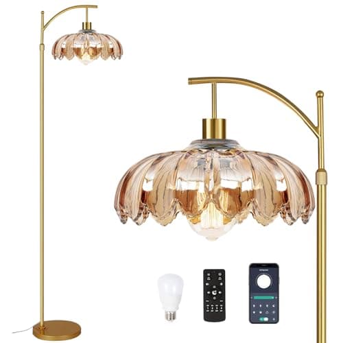 Image of Arc Floor Lamp for Living Room Gold Floor Lamp with Remote Control,Dimmable Floor Lamps with Glass Lampshades,Mid Century Modern Standing Lamp Tall Vintage Flower Floor Lamps for Bedroom,Corner