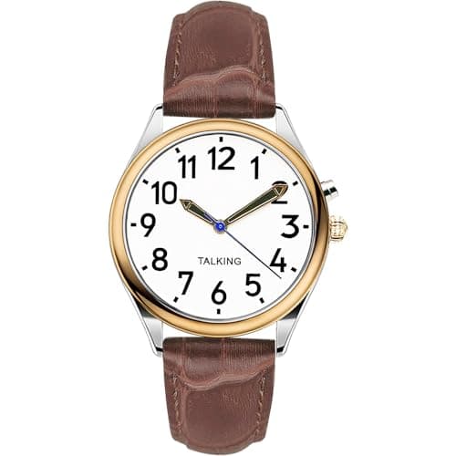 Image of MAUJOY Women's British English Talking Watch(Brown Leather Watch Band) Large Display & Loud Sound, Announces Time, Date & Alarm, Ideal for Elderly, Visually Impaired or Blind Users