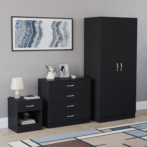Image of Vida Designs Riano 3 Piece Bedroom Furniture Set - 1 Drawer Bedside Chest, 4 Drawer Chest, 2 Door Wardrobe - Black