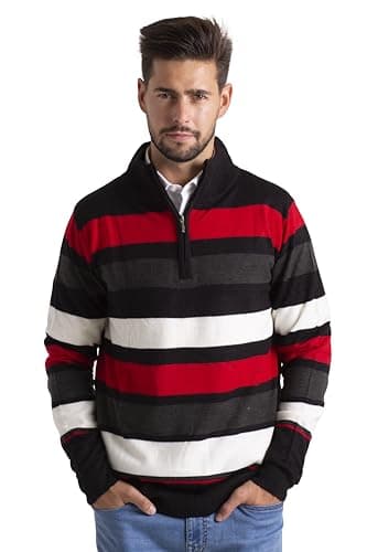 Image of westAce Mens High Neck Striped Jumper, Turtle Neck Half Zip Sweater, Long Sleeve Cotton Knitwear Pullover, Comfortable Ribbed Stand-Collar Knit Jumper, Sizes S-XXL (Black, M)