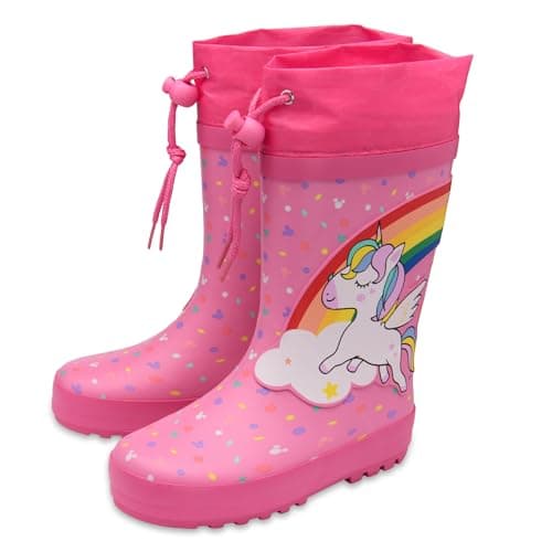 Image of NorthSole Girls Waterproof Rubber Wellies with Drawstring Closure - Pink Unicorn - UK 7