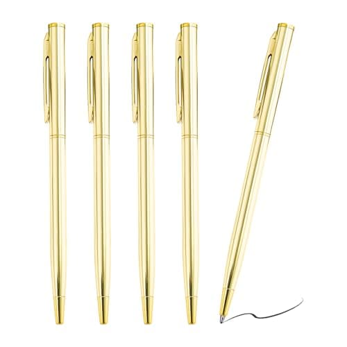 Image of Eiaigky 5 Pack Metal Ballpoint Pens, Gold Ballpoint Pen Slim Stainless Steel Twist-Action Pens with Black Ink, Metal Gold Pen for Office, Business, Students, Teachers, Weddings, and More, Durable