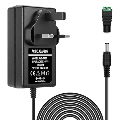 Image of 24V 3A 72W Power Supply UK Plug, AC 100–240V to DC 24V LED Driver Power Adapter, Constant Voltage Low Voltage Transformer with 5.5 × 2.1mm DC Jack for LED Strip Light