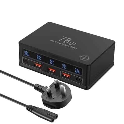Image of Kitbox USB C Charger 5-Port Fast Charging Station with 30W PD 3.0 PPS QC4.0 output USB Plug UK with LCD Display Smart Desktop Charger for iPhone 16/15/14/13 Pro/12 Pro Max/Samsung Galaxy/iPad Pro etc