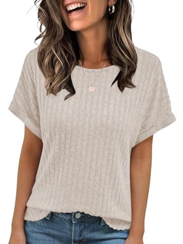 Image of Cuptacc Womens Tops Crew Neck Womens T Shirts Casual Ladies Summer Tops Crew Neck Short Sleeve Shirt Apricot S 8-10