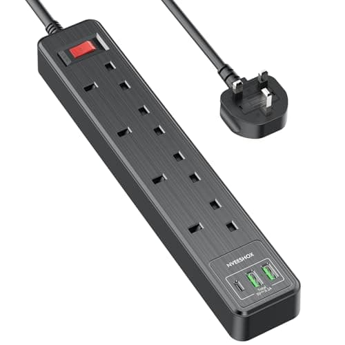 Image of NVEESHOX Black Extension Lead 2M (13A 3250W), 4 Way Outlets Extension Cord, Surge Protected Extension Lead with USB Slots (2 USB-A & 1 USB-C), Multi Plug Extension Sockt, Extension Cable for Home