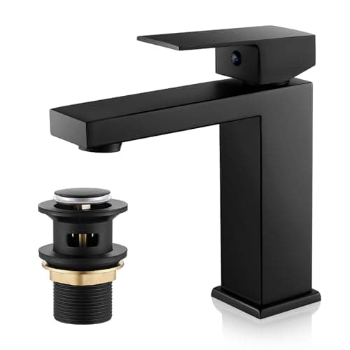 Image of Basin Mixer Tap with Drain, Black Bathroom Sink Taps with Waste, Monobloc Single Handle Washroom Faucet Modern Washbasin Tap Mixer with Pop Up Waste