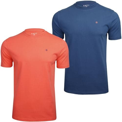 Image of Xact Men's T Shirts 2 Pack Premium 200GSM Cotton Crew Neck Short Sleeve Slim Fit Plain Multipack Tees Soft Peached Casual Basics (2-Pack - Posiedon Blue/Hot Coral) L