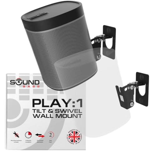 Image of Sound Bass Play 1 Wall Mount Black Pair Compatible with Sonos Play:1 Only, Twin Pack, Adjustable Swivel & Tilt Mechanism, 2 Mounting Brackets Includes All Fixings