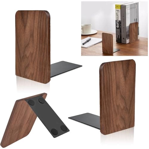 Image of HEKOBAG 1 Pair Book Ends, Walnut Wood Bookends, Non-Slip Bookends, Heavy Duty Wooden Bookend Support Natural Walnut Book Stopper L-Shaped Book Ends for Shelves Home Office and Library(Square Head)